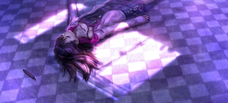 Sad - foo midori, manga, anime, purple, window shadow, girl, pink