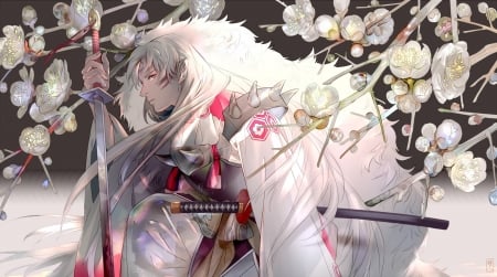 Sesshomaru - anime, sword, flower, pink, man, saiga tokihito, manga, sesshomaru, fantasy, white