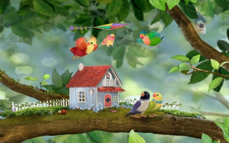 Playing in the Branches - branches, bird houses, fence, glasses, cap, plants, spring, bird house, hang glider, home, leaves, house, flowers, vines, birds