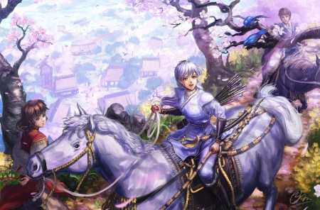 Cavalcada - anime, girl, lilac, spring, pink, horse, tree, manga, purple, makkou4