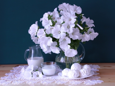 Still Life - white, marshmallows, milk, lavatera, bouquet