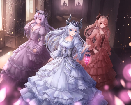 Princesses - trio, purple, lunacle, girl, pink, anime, dress, manga