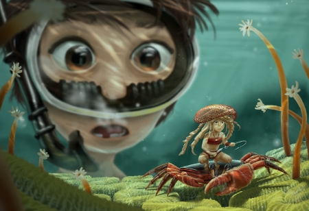 Surprised - summer, girl, eyes, fantasy, crab, underwater, face, art, luminos