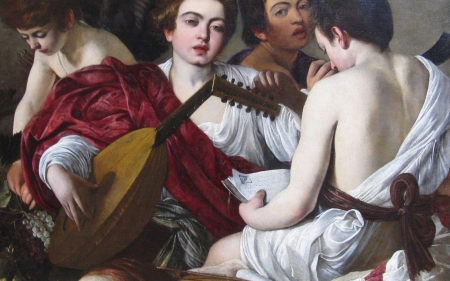 Musicians - musicians, guy, man, boy, pictura, white, red, painting, caravaggio, art, luminos