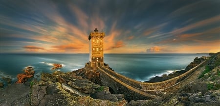 The Lighthouse of Kermorvan - clouds, France, Kermorvan, water, lighthouse, ocean, sunset, sky, bridge, rocks