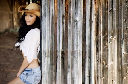 Hanging Out In The Barn. . - women, fun, female, hats, fashion, models, brunettes, western, girls, cowgirl, style, outdoors, barn, ranch