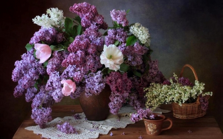 Lilacs Still Life - beauty, tulips, lilacs, still life