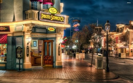 main street - street, main, shop, lamp post