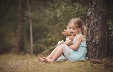 Little girl with bunny - girl, cute, little, copil, toy, bunny, tree, child