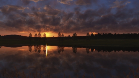 Sunset - landscape, cloud, reflection, aokcub, anime, water, sunset, manga