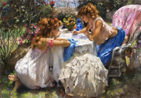 Two girls - vicente romero redondo, summer, blue, girl, table, pink, mbrella, pictura, white, umbrella, painting, two, couple, art, luminos