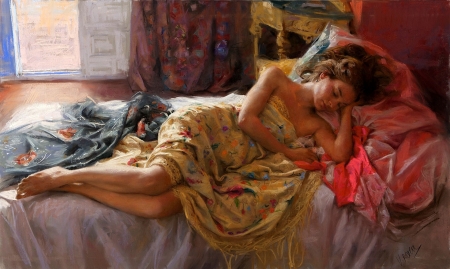 Sleeping beauty - woman, painting, sleep, art, girl, vicente romero redondo, luminos, pictura