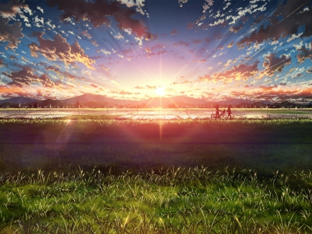 Beautiful Sunset - clouds, stairs, people, nature, landscape, field, bicycle