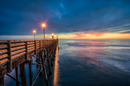 Pierside Sunset, California - sky, pier, light, colors, sea