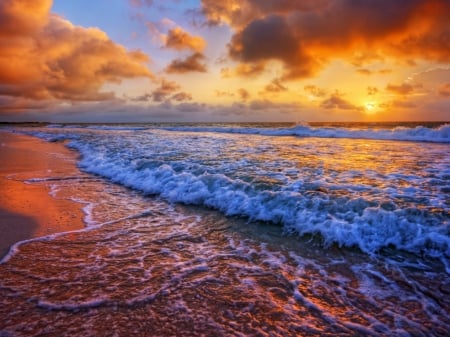 Foamy Waves at Sunset - stone, nature, mountain, clouds, rock, sunset, sea, waves