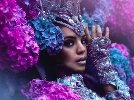 Yazzmin - face, style, girl, eyes, hydrangea, flowers, model