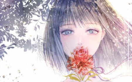 Crying - face, red, flower, kuroe, rose, anime, girl, manga