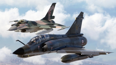 General Dynamics F-16 Fighting Falcon and Dassault Mirage 2000 - f-16, fighting, mirage, plane, 2000, dynamics, dassault, falcon, general, military