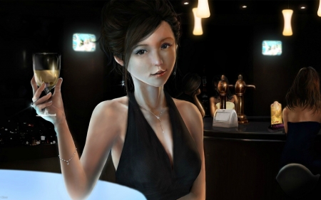 Cheers! - bar, glass, fantasy, black, henry chua, luminos, girl, art