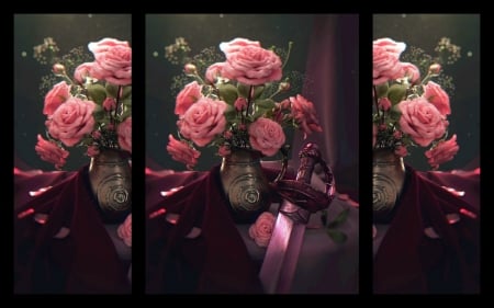 Pink sword - trandafir, quarz, collage, bouquet, black, melaamory, fantasy, vase, art, pink, luminos, sword, flower