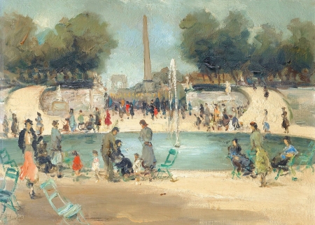 The Tuileries Garden - people, water, summer, the tuileries garden, marseille dif, painting, art, luminos, pictura