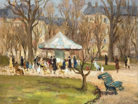 Carousel in the garden on the Champs Elysees - champs elysee, marseille dif, carousel, painting, art, luminos, pictura, green, garden