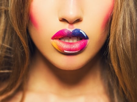 Colorful - mouth, pink, lips, yellow, lipstick, woman, blue, colorful