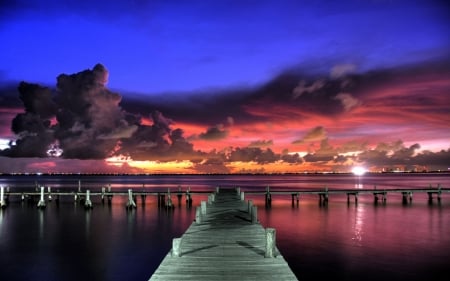 Colorful Summer Sunset - clouds, sunset, nature, summer, sea, sky, pier