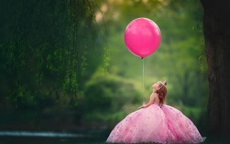 Little princess with balloon - girl, summer, child, copil, balloon, pink, green, dress, little