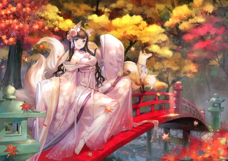 Fox girl - tails, anime, yellow, fox, girl, manga, fantasy, sheska xue, autumn, red, luminos, bridge