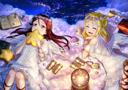 Ohara Mari and Sakurauchi Riko - anime, blue, girl, ohara mari, tagme, stars, manga, white, sakurauchi riko, cloud, couple