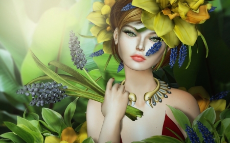 Beauty - yellow, summer, girl, flower, ahnd, fantasy, green, woman, rendering, face, luminos