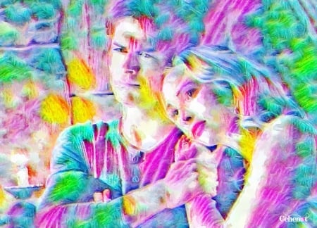 Damon and Caroline - colorful, fanart, painting, art, yellow, green, damon, vampire diaries, candice accola king, couple, ian somerhalder, picture, abstract, pink, blue, by cehenot, caroline, texture