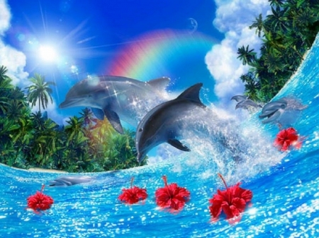 Shining Dolphins - oceans, summer, attractions in dreams, paintings, beaches, sea, sunshine, rainbows, dolphins, nature, palm trees, paradise, love four seasons, seascapes, animals