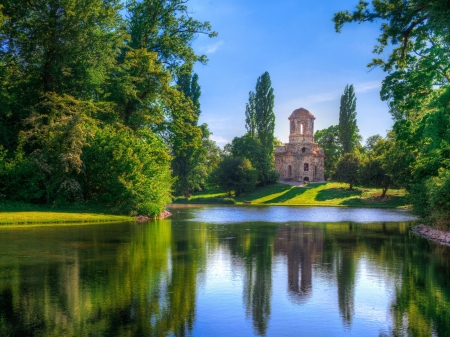 Castle on the River - clouds, trees, summer, grass, reflection, river, nature, castle, sky