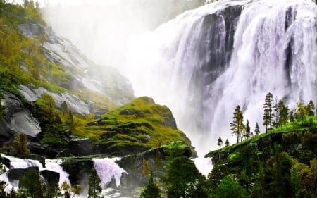 Majestic Waterfall in Sunshine - trees, water, nature, waterfall, sunshine