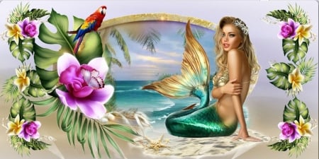 BEAUTIFUL MERMAID - ocean, beach, female, mermaid, flowers, sand, bird