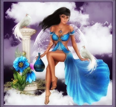 THE BLUE ANGEL - BIRDS, WINGS, CLOUDS, DOVES, FEMALE, BLUE, ANGEL, FLOWERS