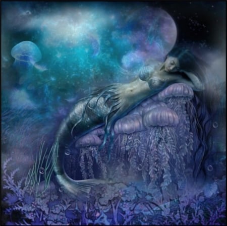 WHISPERS OF A MERMAID - moon, jellyfish, ocean, mermaid