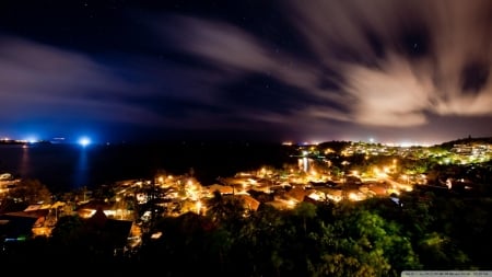 Amazing Night at Hawaiian Islands - nature, sky, clouds, island, city, lights