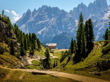 Lonely House on the Mountains - nature, sky, houses, trees, mountains, path