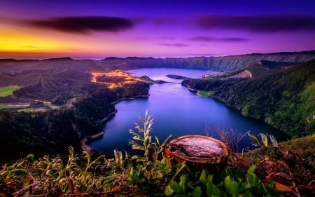 Lake view at sunset - beautiful, landscape, grass, rerflection, mountain, sunset, purple, view, lake, sky