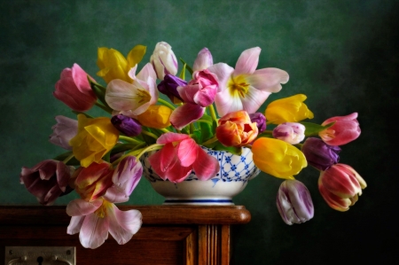 Bouquet of colorful tulips - colorful, tulips, bouquet, lovely, still life, vase, pretty, beautiful, flowers