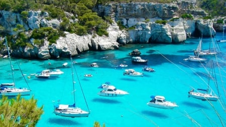 Boats At Stony Coast - cliff, water, clear, sea, rocks