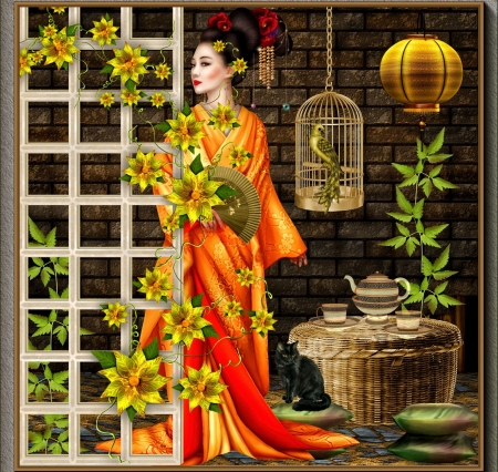 JAPAN TEA TIME - cage, cat, female, colorful, tea, flowers, dress, bird