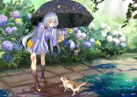 Come with me! - anime, summer, girl, flower, cat, manga, pisica, umbrella, animal, rain, kirayoci, hydrangea