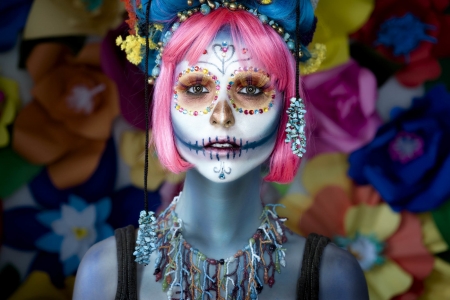 Dia de los muertos - blue, girl, dia de los muertos, pink, white, mask, woman, model, halloween