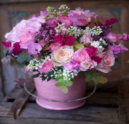 Still life - roses, pink, bucket, flowers, still life