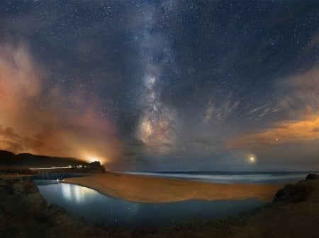 Night Sky Over the Winter Lake - winter, nature, lake, night, stars, sky