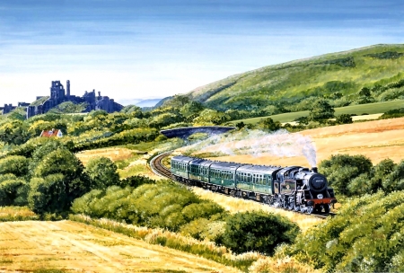 The 1730 to Swanage - Train - wide screen, engine, tracks, illustration, painting, train, art, locomotive, railroad, beautiful, artwork, swanage